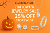 Promotional banner for Cheriva Jewels Halloween Sale showcasing fine jewelry with a 25% discount offer.