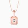 Rose gold pendant necklace with a diamond on a white background